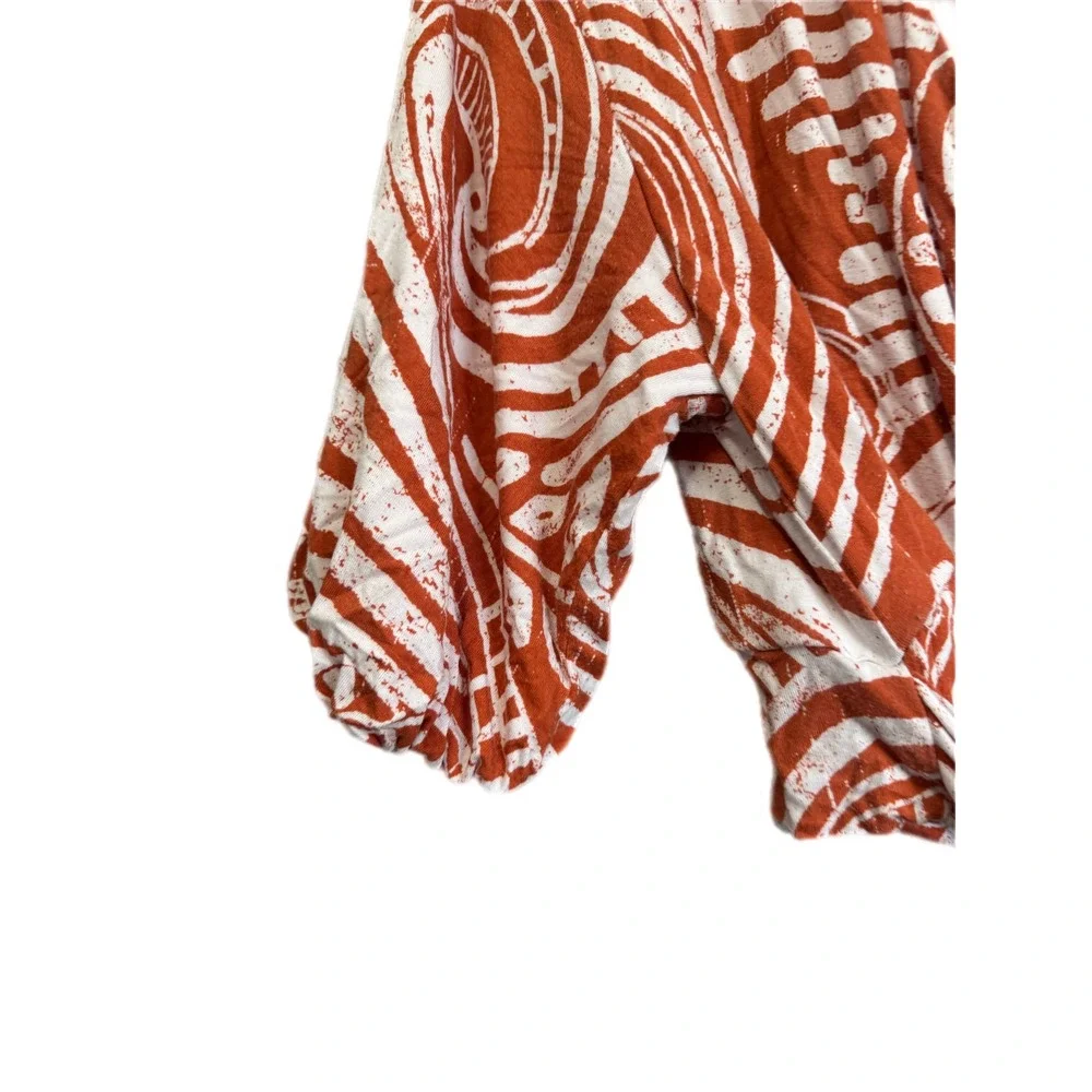 Anthropologie Wrap Top Women Small Orange‎ White Batik Print Puff Sleeve